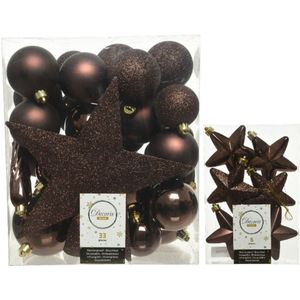 Kerstversiering kunststof kerstballen en hangers donkerbruin 5-6-8 cm pakket van 39x stuks - Met ster vorm piek van 19 cm