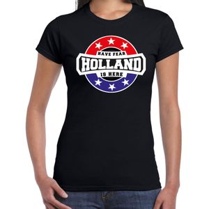 Have fear Holland is here t-shirt met sterren embleem in de kleuren van de Nederlandse vlag - zwart - dames - Holland supporter / Nederlands elftal fan shirt / EK / WK / kleding