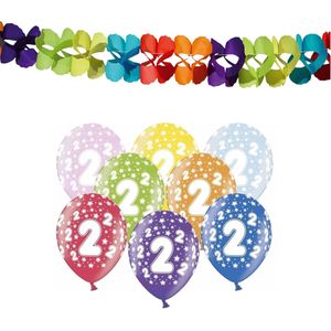 Partydeco 2e jaar verjaardag feestversiering set - 12x ballonnen en 2x feestslingers