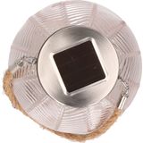 4x stuks roze solar lantaarn van gestreept glas rond 16 cm - Tuinlantaarns - Solarverlichting - Tuinverlichting