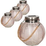 4x stuks roze solar lantaarn van gestreept glas rond 16 cm - Tuinlantaarns - Solarverlichting - Tuinverlichting