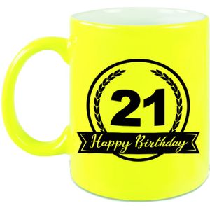 Happy Birthday 21 years cadeau mok / beker met wimpel - 330 ml - neon geel - keramiek - verjaardag cadeau