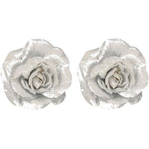 2x Zilveren roos kerstversiering clip decoratie 12 cm - Kerstboom rozen zilver op clip 2 stuks