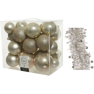 Kerstversiering kerstballen 6-8-10 cm met sterren folieslingers pakket licht parel/champagne van 28x stuks - Kerstboomversiering