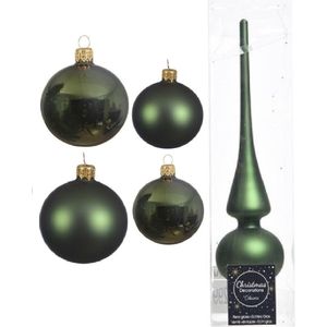 Compleet glazen kerstballen pakket donkergroen glans/mat 38x stuks - 18x 4 cm en 20x 6 cm - Inclusief piek mat