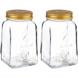 Pasabahce Voorraadpot/bewaarpot Square - 2x - glas - 1L - transparant/goud - D10 x H17 cm - voedsel bewaren