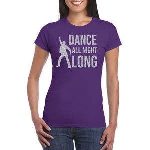 Zilveren muziek t-shirt / shirt Dance all night long - paars - voor dames - muziek shirts / discothema / 70s / 80s / outfit