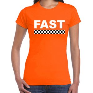 Fast coureur supporter / finish vlag t-shirt oranje voor dames -  race autosport / motorsport thema / race supporter met finish vlag