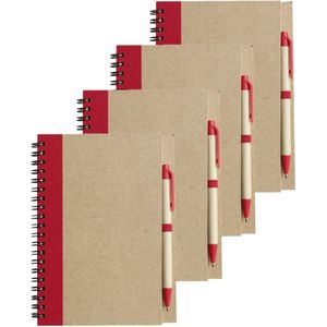 Notitie/opschrijf boekje met balpen - 4x - harde kaft - beige/rood - 18x13cm - 60blz gelinieerd - blocnotes