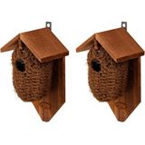 2x stuks houten vogelhuisjes/nestbuidels kokos 26 cm - Vogelhuisjes tuindecoraties - Winterkoning nestje