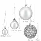 Relaxdays kerstballen - 50x st - zilver - 3, 4 en 6 cm - kunststof - mat/glans/glitter