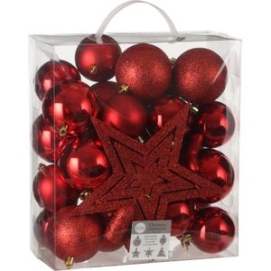 39x stuks kunststof kerstballen en kerstornamenten met ster piek rood mix - Kerstversiering/kerstboomversiering