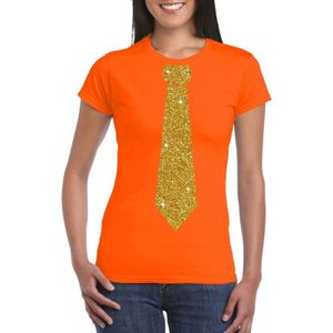 Oranje fun t-shirt met stropdas in glitter goud dames