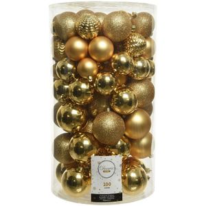 Decoris 100x stuks kunststof kerstballen goud 4, 5, 6, 7 en 8 cm