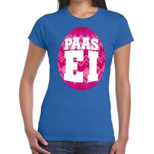 Blauw Paas t-shirt met roze paasei - Pasen shirt voor dames - Pasen kleding
