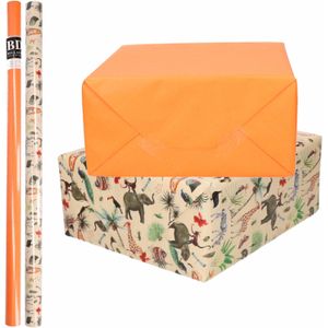 6x Rollen kraft inpakpapier jungle/oerwoud pakket - dieren/oranje 200 x 70 cm - cadeau/verzendpapier