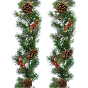 Set van 2x stuks kerst dennenslinger guirlandes groen met sneeuw en decoratie 270 cm - Kerstslingers