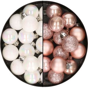 28x stuks kleine kunststof kerstballen lichtroze en parelmoer wit 3 cm - Kerstboomversiering
