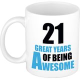 21 great years of being awesome mok wit en blauw - cadeau mok / beker - 29e verjaardag / 21 jaar