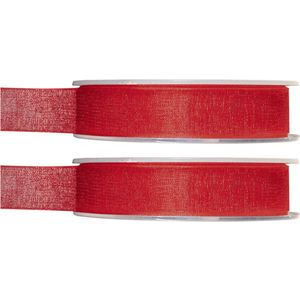 2x Hobby/decoratie rode organza sierlinten 1,5 cm/15 mm x 20 meter - Cadeaulint organzalint/ribbon - Striklint linten rood
