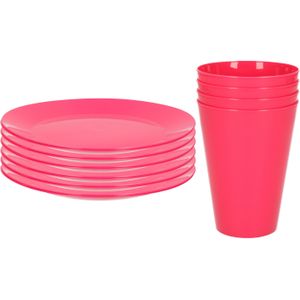 Kunststof ontbijt/diner 8x bordjes 26 cm en 8x bekertjes 430 ML servies set in kleur roze