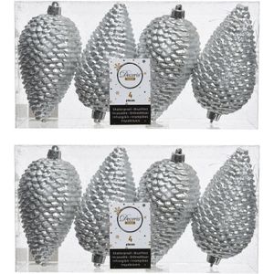 8x Zilveren dennenappels kerstballen 12 cm - Glitter - Onbreekbare plastic kerstballen - Kerstboomversiering zilver
