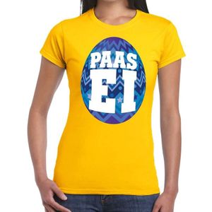Geel Paas t-shirt met blauw paasei - Pasen shirt voor dames - Pasen kleding