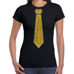 Bellatio Decorations Verkleed shirt dames - stropdas glitter goud - zwart - carnaval - foute party