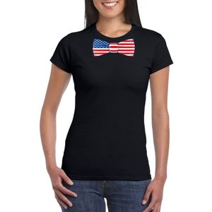 Zwart t-shirt met Amerikaanse vlag strikje / vlinderdas dames -  Amerika supporter