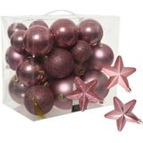 Kerstballen en sterren ornamenten - set 32x stuks - kunststof - oud roze