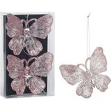 Christmas Decoration kersthangers vlinders - 4x - roze glitter - 15 cm