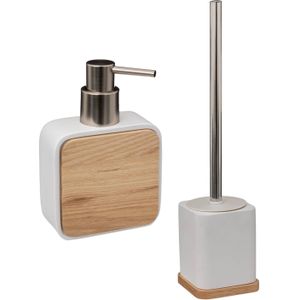 Badkamer/toilet accessoires set - WC-borstel in houder en zeeppompje - wit - bamboe - 200 ml