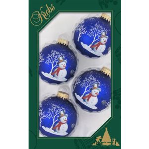 Krebs Kerstballen - 4 stuks - blauw - sneeuwpop - glas - 7 cm