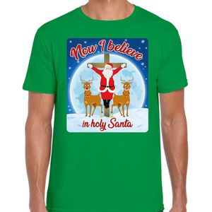 Fout Kerstshirt / t-shirt - Now I believe in Holy Santa - groen voor heren - kerstkleding / kerst outfit