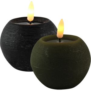 LED kaarsen/bolkaarsen - 2x st - rond - zwart en olijf groen - D8 x H7,5 cm