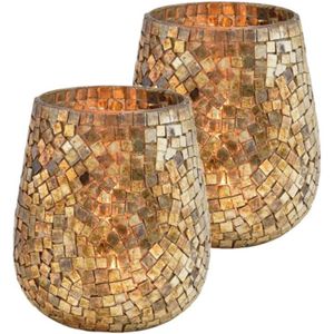 Set van 2x stuks glazen design windlicht/kaarsenhouder in de kleur mozaiek champagne goud met formaat 15 x 13 cm. Voor waxinelichtjes