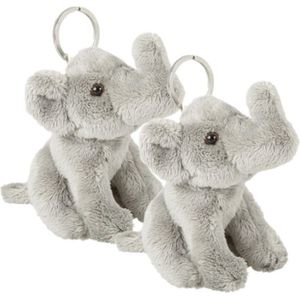 Set van 2x stuks pluche grijze olifanten sleutelhangers 10 cm - Olifanten kunffels dieren sleutelhangers- Speelgoed voor kinderen