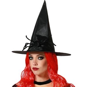 Atosa Halloween heksenhoed - met grote spin  - one size - zwart - meisjes/dames - verkleed hoeden