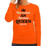 Bellatio Decorations Koningsdag sweater voor dames - awesome Queen - oranje - feestkleding