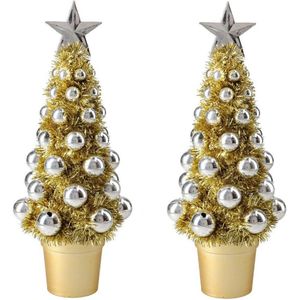 2x stuks complete mini kunst kerstboompje/kunstboompje goud/zilver met kerstballen 30 cm - Kerstbomen - Kerstversiering