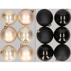 12x stuks kunststof kerstballen mix van champagne en zwart 8 cm - Kerstversiering