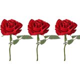 Top Art Kunstbloem Roos de luxe - 3x - rood - 30 cm - kunststof steel - decoratie bloemen