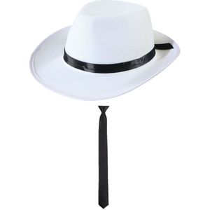 Boland - Verkleedkleding set witte gangster hoed en stropdas zwart