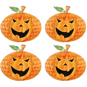 Set van 4x stuks horror decoratie honeycomb pompoen met gezicht 30 cm - Halloween lampion