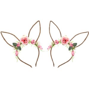 Chaks Verkleed diadeem paashaas/bunny oren - 2x - met bloemen - roze - one size