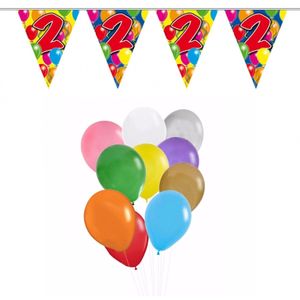 Folat - Verjaardag 2 jaar feest thema set 50x ballonnen en 2x leeftijd print vlaggenlijnen