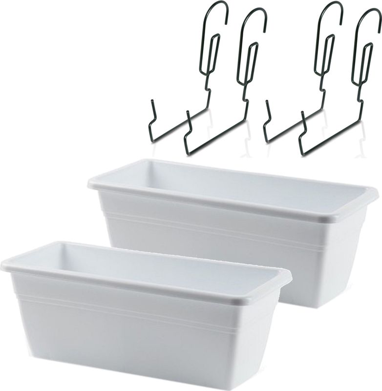 2x stuks hangende reling plantenbakken wit rechthoekig 40 x 18 x 15 cm met setjes kunststof beugels