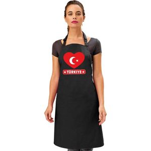 Turkse vlag in hart keukenschort/ barbecueschort zwart heren en dames - I love Turkije schort