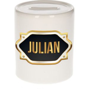 Julian naam cadeau spaarpot met gouden embleem - kado verjaardag/ vaderdag/ pensioen/ geslaagd/ bedankt