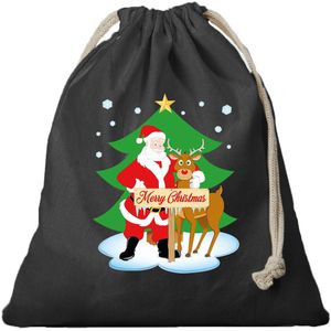 1x Kerst Santa en Rudolf cadeauzakje zwart met sluitkoord - katoenen / jute zak - Kerst cadeauverpakking zakjes
